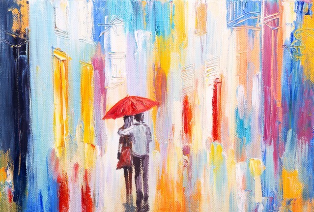 Couple walking in the rain under an umbrella, abstract colorful oil painting